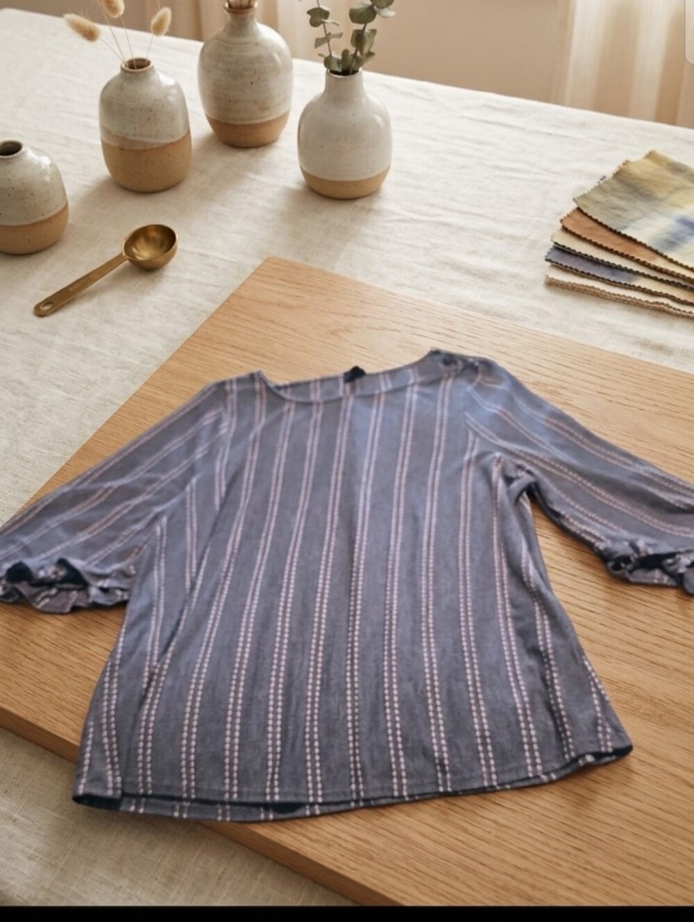 W5 Blue Striped Long Sleeve Ruffle Cuff Top